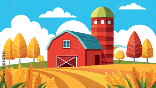 Vibrant farm landscape with red barn and silo during autumn