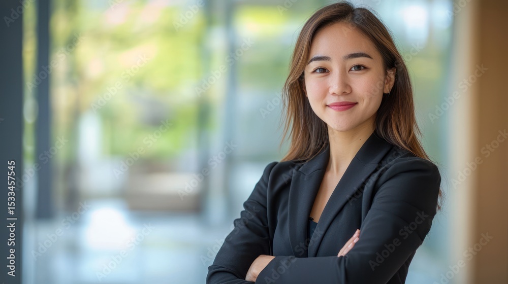 A young woman in a black blazer standing in a modern office with her arms crossed, wearing a smile on her face. A young woman in a black blazer standing in a modern office with her arms crossed, wearing a smile on her face.