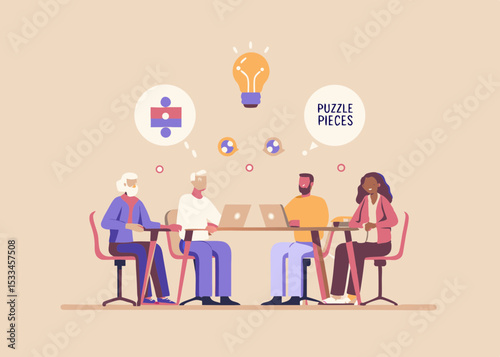 Diverse team collaborating on solutions brainstorming with lightbulb and puzzle piece icons flat vector illustration for business concepts