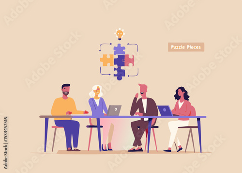 Teamwork and Problem Solving Business Professionals Collaborating with Puzzle Pieces and Lightbulb Symbolizing Innovation and Strategic Thinking in a Meeting