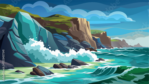 Waves crash against rocky coastal cliffs under a vibrant sky at a serene seaside location
