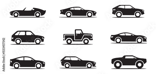 Vector Illustration of Various Car Silhouettes, a collection of diverse car silhouettes, including sports cars, SUVs, and pickup trucks vector art on white