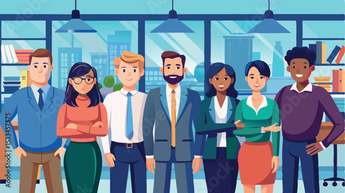 Team of diverse professionals posing in modern office setting during daytime