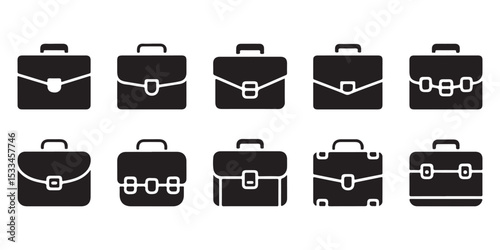 Set of Solid Black Briefcase Icons, Nine simple, solid black briefcase icons, suitable for use in presentations, websites, or apps vector art on white