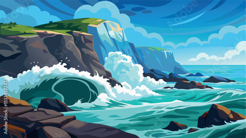 Vibrant ocean waves crashing against rocky cliffs during a sunny day