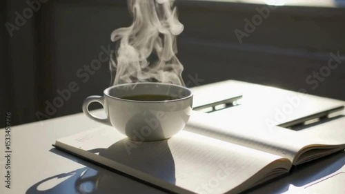 Clean white desk with journal, pen, cup of green tea in peaceful morning light, static wide shot
