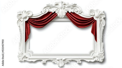 A white frame with red curtains and a white background