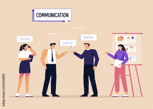 Business Team Communication and Presentation Diverse Group of People Discussing Strategy with Speech Bubbles and Flip Chart Flat Vector Illustration