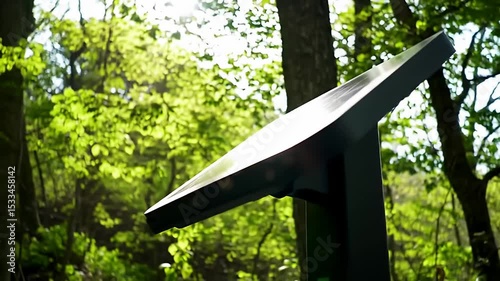Sunlight Filtering Through Green Tree Leaves with a Modern Solar Panel in a Forest Setting
