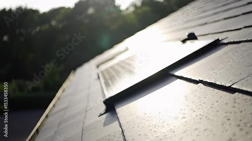 Solar Panels Installed on Roof in Bright Sunlight with Closeup View