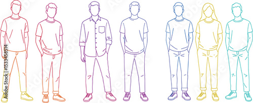 Group of faceless diverse young people in casual outfits, standing in a row, colorful line vector illustration, equality, modern youth fashion, inclusion concept