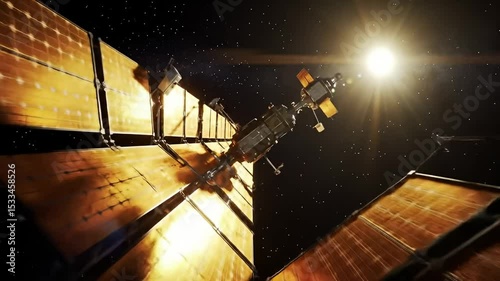Satellite Orbiting Spacecraft Traveling Through Deep Space with Sun and Stars Background