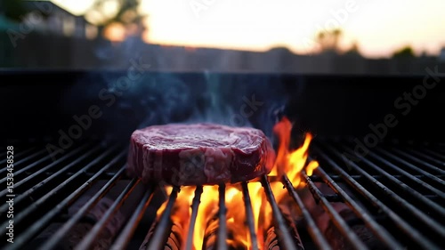 Closeup of a juicy steak being grilled over open flames with glowing embers and smoke for barbecue cooking or culinary preparation