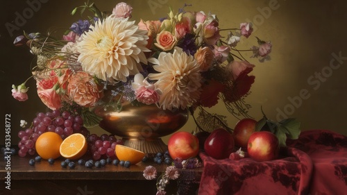 An elaborate floral arrangement with accompanying fruits in a vintage ambiance