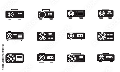 A set of simple, black and white projector icons, showcasing different models and designs, Collection of Projector Icons in Flat Style vector art on white
