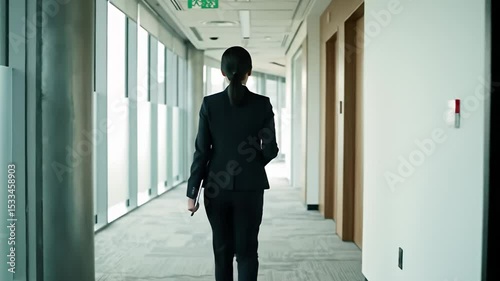 Businesswoman Walking Confidently Through Modern Office Corridor During Daylight