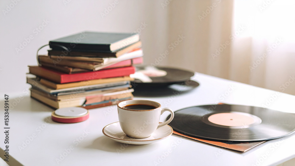 A stack of books, two vinyl records, and a white coffee cup sit on a clean table, creating a cozy and nostalgic setup. The muted tones and soft lighting evoke themes of relaxation, creativity, and art A stack of books, two vinyl records, and a white coffee cup sit on a clean table, creating a cozy and nostalgic setup. The muted tones and soft lighting evoke themes of relaxation, creativity, and art
