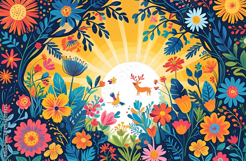 Golden sunlight filtering through lush green trees in a peaceful forest landscape with soft natural glow