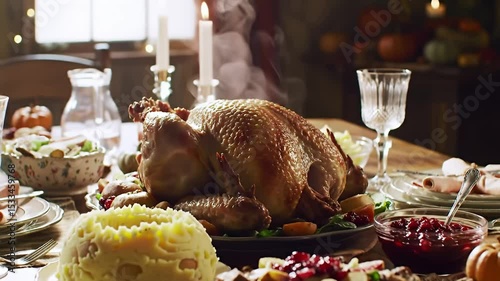 Roast turkey being carved on festive dinner table with side dishes candles and glasses in warm cozy setting