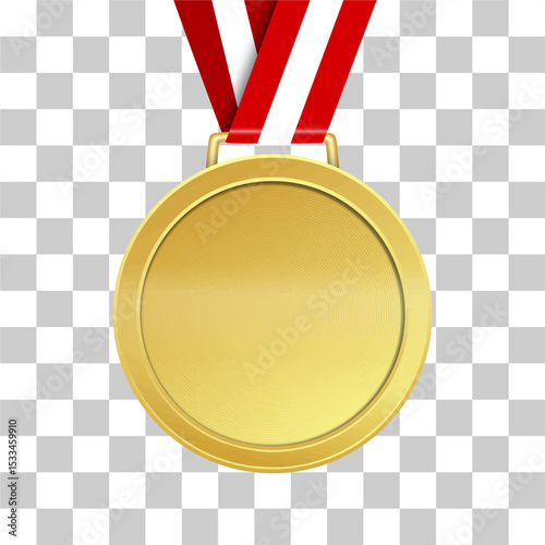 Realistic golden medal with red and white ribbon vector illustration
