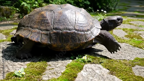 Turtle Walking Slowly Across Rocky Path in Natural Environment