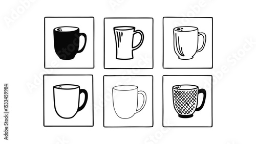 Silhouette Pictogram Set of Coffee Mugs in Various Styles   Vector Icons for Design and Illustration

