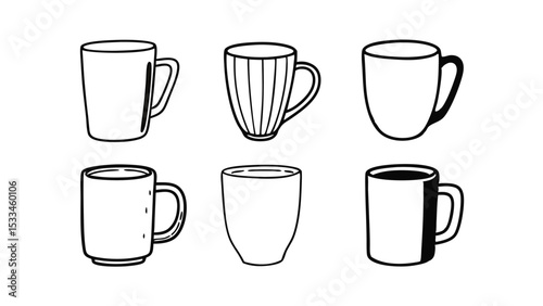 Silhouette Pictogram Set of Coffee Mugs in Various Styles   Vector Icons for Design and Illustration

