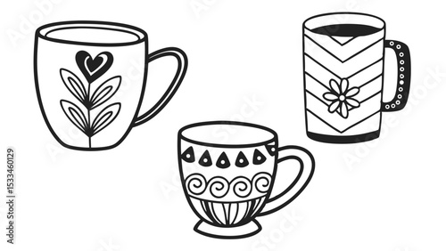 Silhouette Pictogram Set of Coffee Mugs in Various Styles   Vector Icons for Design and Illustration


