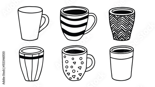 Silhouette Pictogram Set of Coffee Mugs in Various Styles   Vector Icons for Design and Illustration

