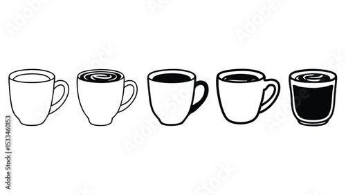 Silhouette Pictogram Set of Coffee Mugs in Various Styles   Vector Icons for Design and Illustration

