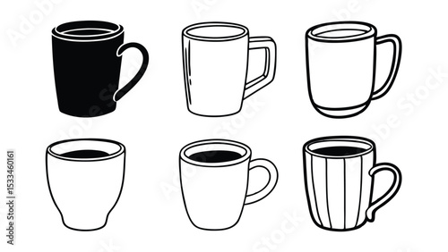 Silhouette Pictogram Set of Coffee Mugs in Various Styles   Vector Icons for Design and Illustration

