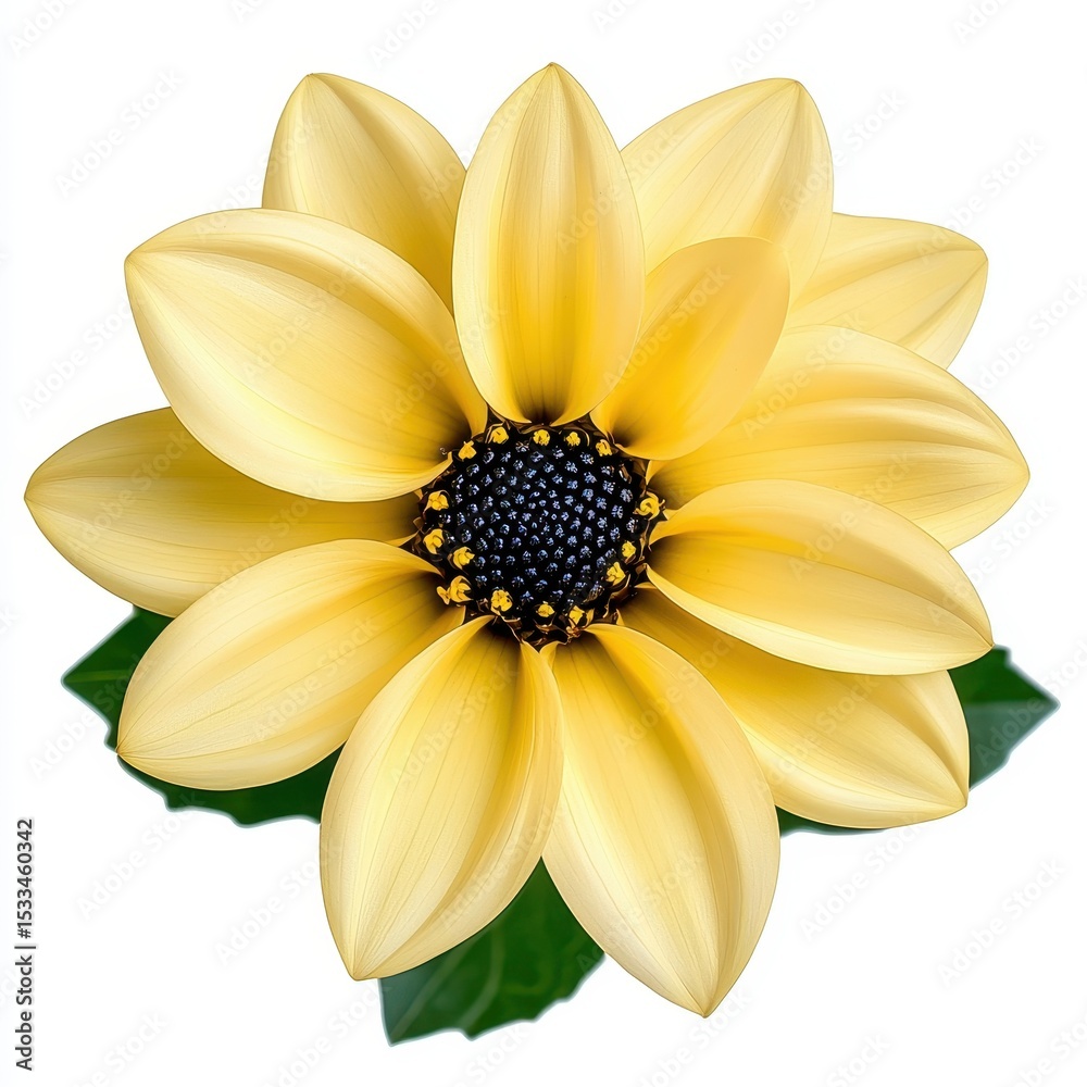 Obraz premium Detailed Yellow Dahlia Bloom with Dark Blue Center Isolated on White Background