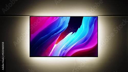 Abstract colorful digital art display with vibrant flowing shapes on a modern screen in a dark room