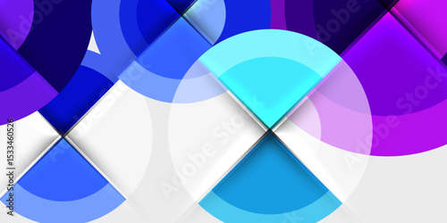 Abstract design features overlapping circles, squares. Colors include blues, purples, whites creating dynamic visual effect. Modern, clean aesthetic.