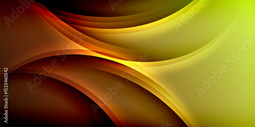 Abstract design features flowing curves, warm colors. Yellow, orange, brown hues blend into dark background. Smooth gradients create dynamic visual effect.