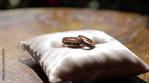Closeup of Wedding Rings Resting on Satin Pillow in Warm Light