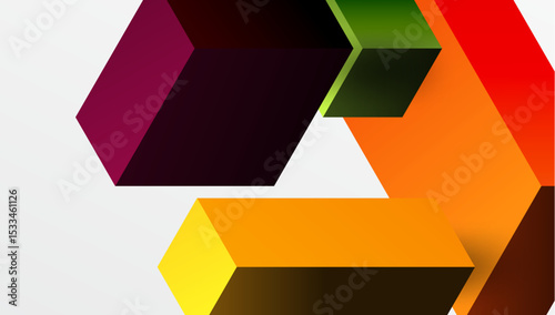 Abstract geometric shapes overlap, creating vibrant color gradients. Composition features bold hues, depth, modern design.