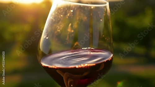 Closeup of red wine swirling in glass during sunset outdoor scene