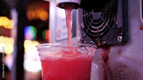 Soft Serve Ice Cream Being Dispensed into a Clear Cup with Colorful Night Lights in the Background