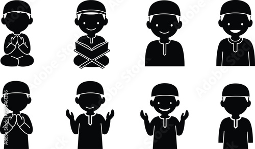 Cute Muslim Boy Character and Avatar Icon Set