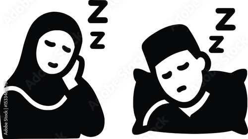 Muslim Man and Woman Sleeping Icon Set