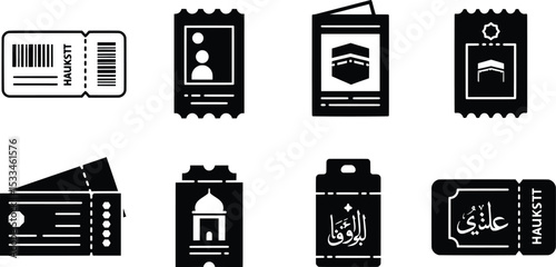 Hajj Pilgrimage and Travel Ticket Icon Set