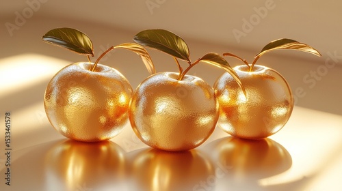Three gold apples with green leaves on top of a table