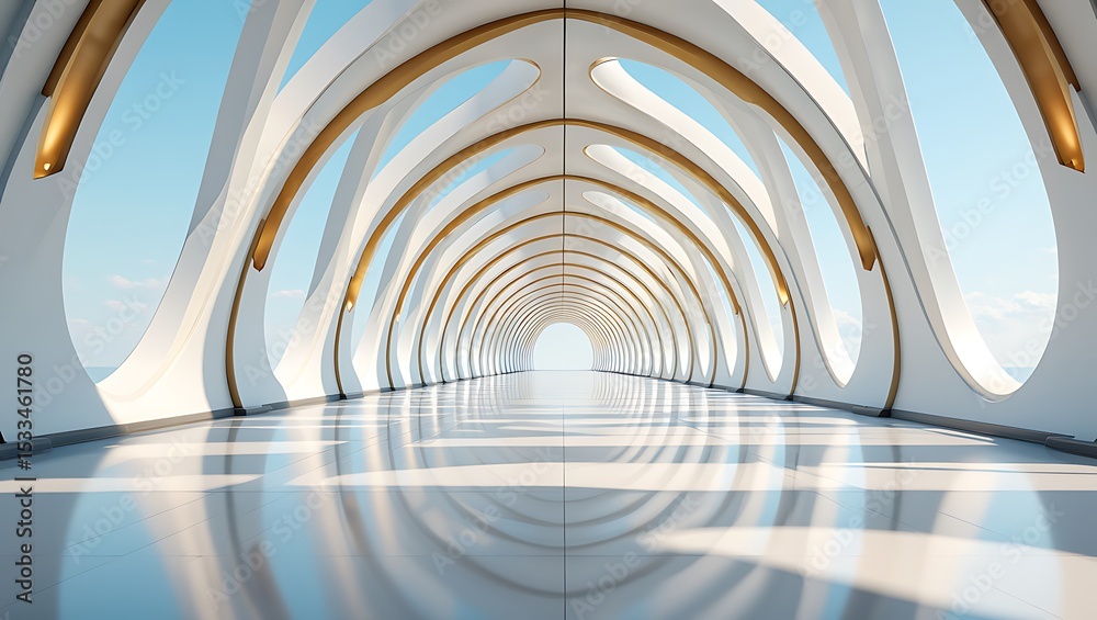 Naklejka premium Modern Futuristic White Corridor Architecture Design with Golden Decor Elements