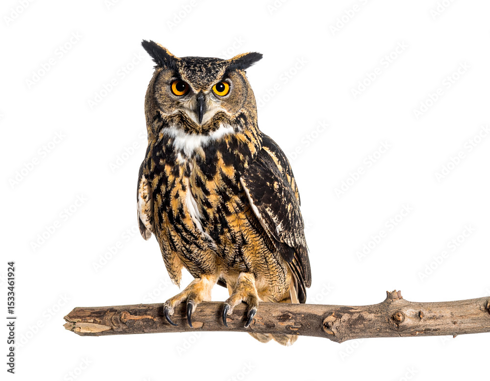 Naklejka premium Owl perched on branch isolated on white background.
