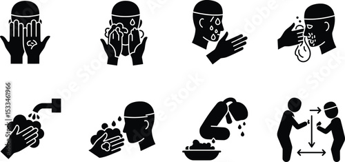 Hygiene Practices Vector Illustration of Handwashing, Face Washing, and Social Distancing