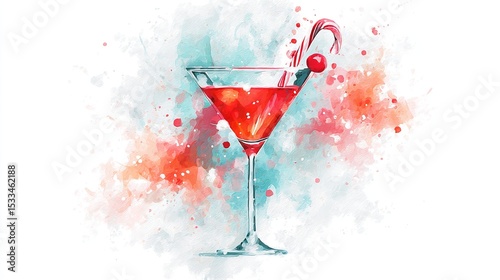 Holiday cheer captured in a vibrant watercolor painting of a festive red cocktail topped with a candy cane and cherry on