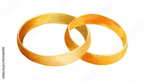 Two intertwined golden wedding bands symbolizing eternal love and commitment rendered in watercolor with a clean white