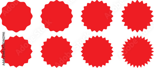 Star burst shape tags for price.Red sale tag.price tag, starburst, quality mark, retro stars, sale.Set of red starburst. Price sticker, sale sticker, Circle sticker set. Wavy edge promo red badges.