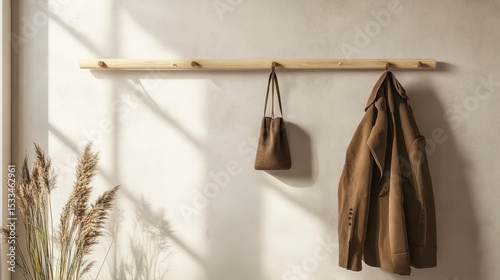 Wooden wall-mounted coat rack with coat and bag, sunlight.